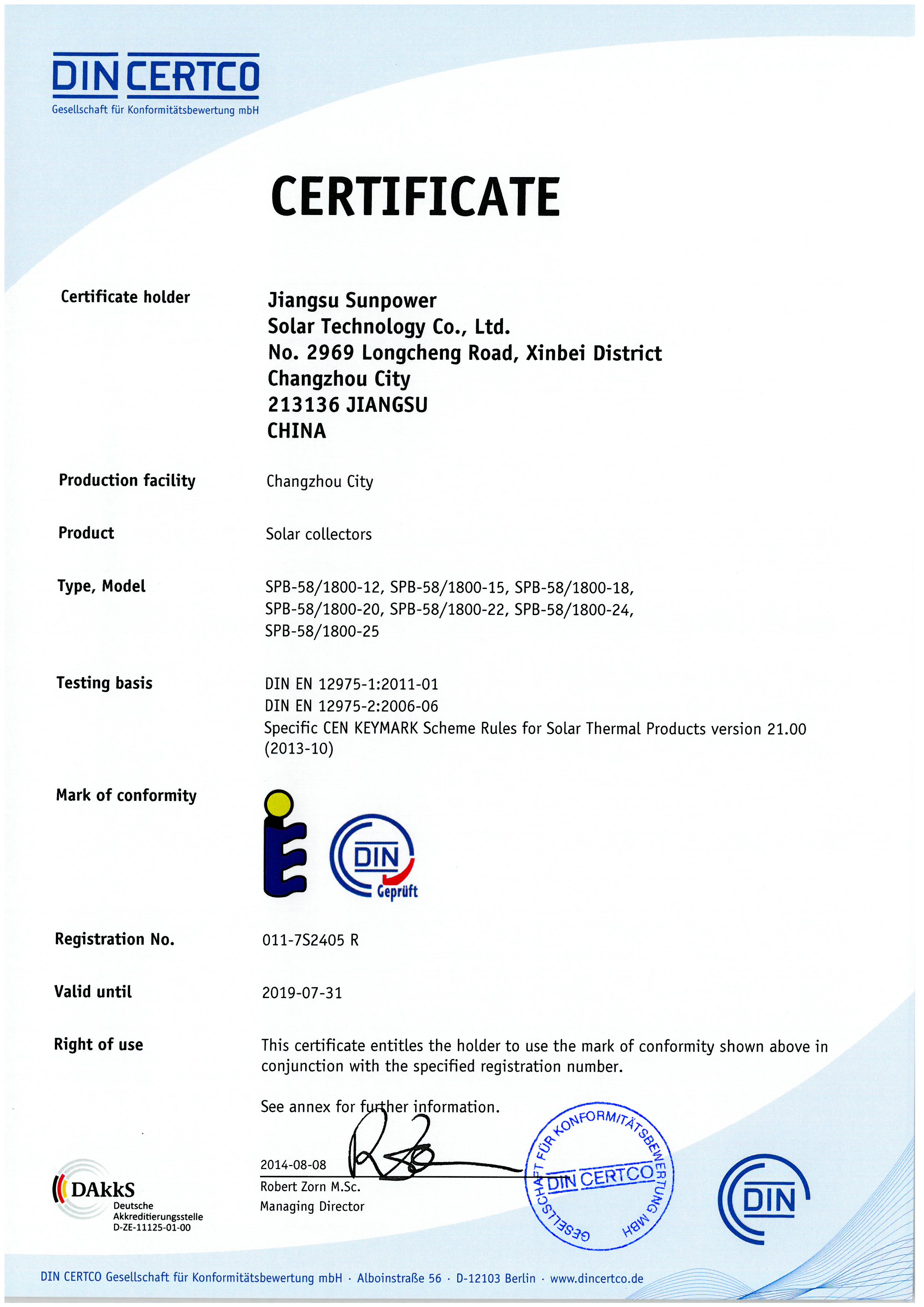 SPB solar keymark certificate